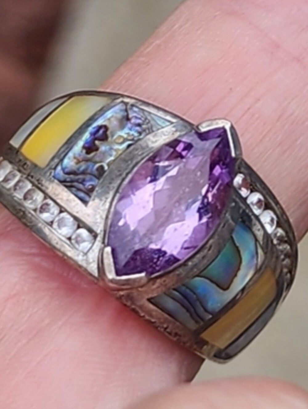Witney Kelly Sterling Silver ring size 9.75 Mother of pearl abalone CZ Amethyst
